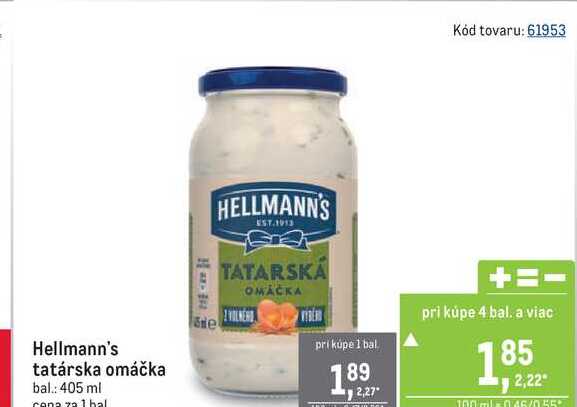 Hellmann s tatárska omáčka bal 405 ml v akcii Zlacnene sk