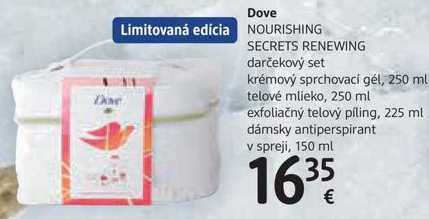 Dove NOURISHING SECRETS RENEWING darčekový set - krémový sprchovací gél, 250 ml ANGE telové mlieko, 250 ml exfoliačný telový piling, 225 ml dámsky antiperspirant V spreji, 150 ml