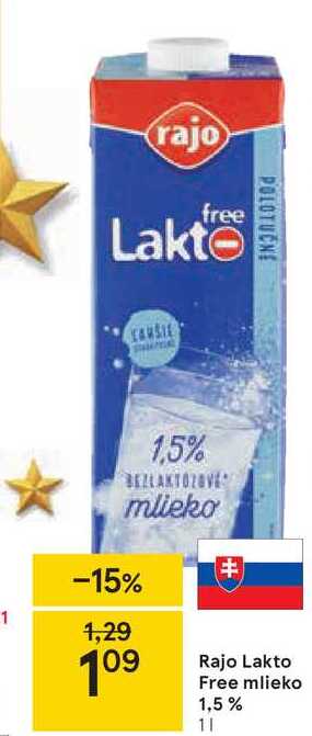 Rajo Lakto Free mlieko 1,5 %, 1 l