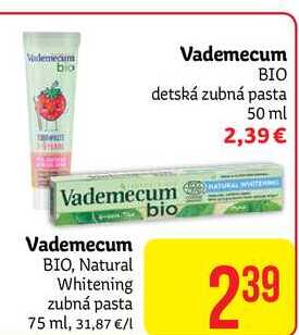 Videndum bio Vademecum BIO detská zubná pasta 50 ml 2,39 / Vademecum BIO, Natural Whitening zubná pasta 75 ml 2,39 €