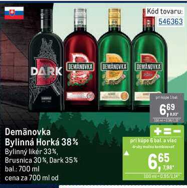 Demänovka Bylinná Horká 38% Bylinný likér 33%, Brusnica 30%, Dark 35% bal: 700 ml 