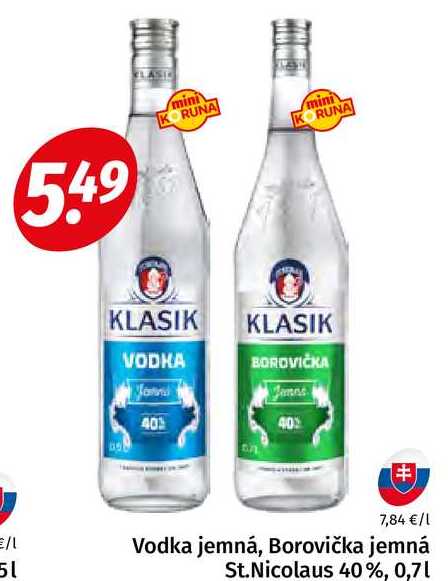 Vodka jemná, Borovička jemná St. Nicolaus 40%, 0,7l