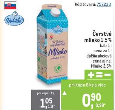 Čerstvé mlieko 1,5% bal: 1l