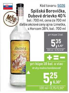 Spišská Borovička, Dubové drievko 40% bal.: 700 ml