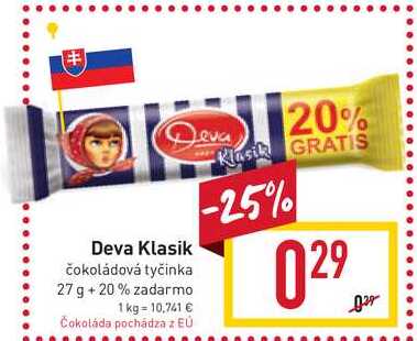 Deva Klasik Čokoládová tyčinka 27 g + 20% zadarmo