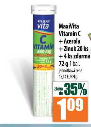 MaxiVita Vitamín C C + Acerola VITAMIN 240 mg TROLA Z 20+4 + Zinok 20 ks + 4 ks zdarma 72 g 