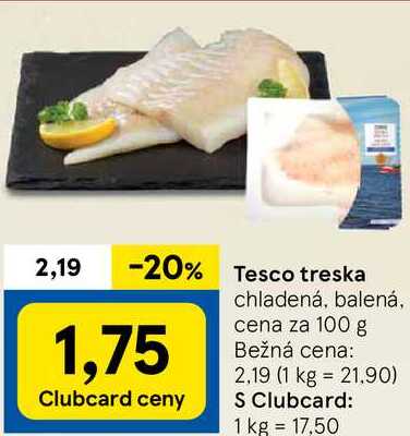 Tesco treska, cena za 100 g