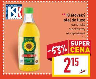 Klátovský olej de luxe panenský slnečnicový na vyprážanie 1 l