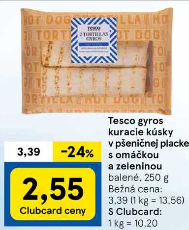 Tesco gyros kuracie kúsky v pšeničnej placke s omáčkou a zeleninou, 250 g 