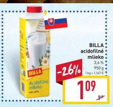 BILLA acidofilné mlieko 3,6% 950 g 