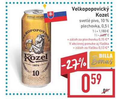 Velkopopovický Kozel svetlé pivo, 10% plechovka, 0,5L