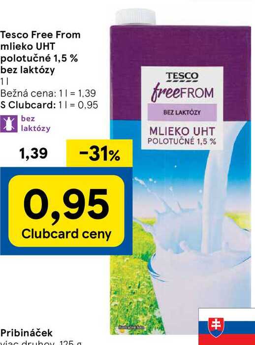 Tesco Free From mlieko UHT polotučné 1,5% bez laktózy, 1 l
