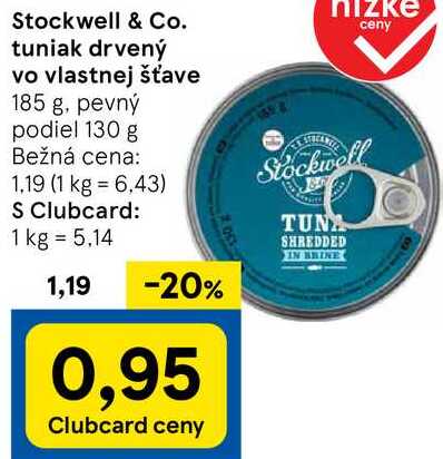Stockwell & Co. tuniak drvený vo vlastnej šťave, 185 g