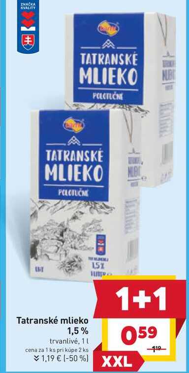 Tatranské mlieko 1,5% trvanlivé, 1L  v akcii