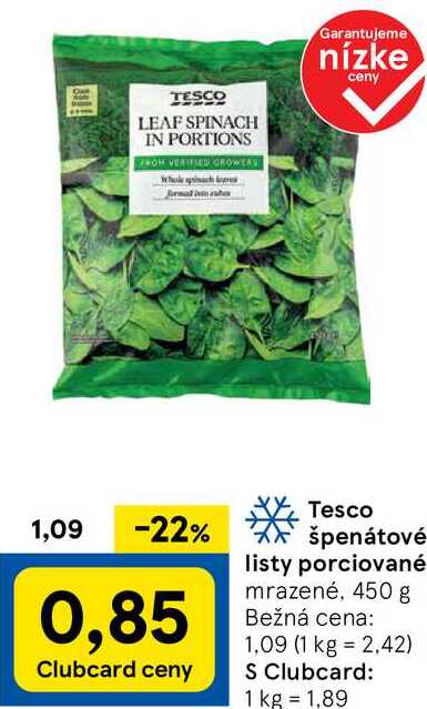 Tesco špenátové listy porciované, 450 g