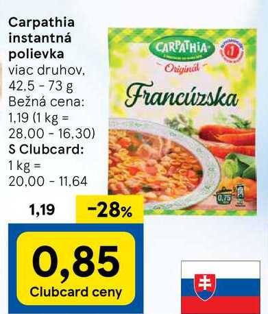 Carpathia instantná polievka, 42,5 - 73 g