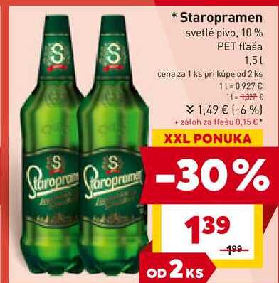 Staropramen svetlé pivo, 10% PET fľaša 1,5l