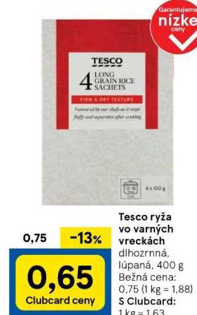 Tesco ryža vo varných vreckách dlhozrnná, lúpaná, 400 g 