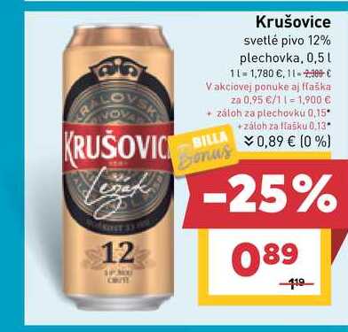 Krušovice svetlé pivo 12% plechovka, 0,5l