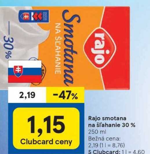 Rajo smotana na šľahanie 30 %, 250 ml  v akcii