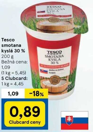 Tesco smotana kyslá 30 %, 200 g v akcii