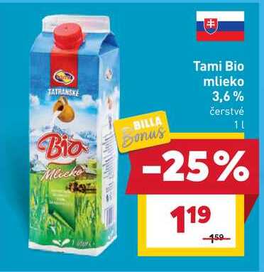 Tami Bio mlieko 3,6% čerstvé 1l 