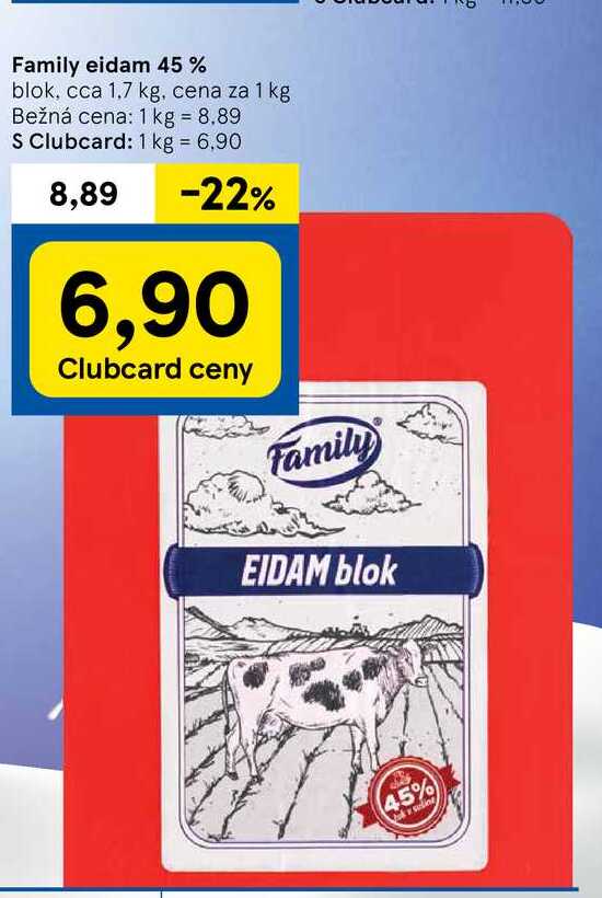 Family eidam 45 % blok, cca 1,7 kg, cena za 1 kg