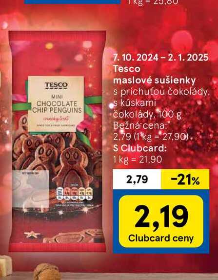 Tesco maslové sušienky s príchuťou čokolády s kúskami čokolády, 100 g