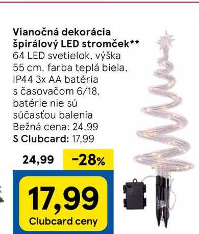 Vianočná dekorácia špirálový LED stromček 64 LED svetielok, výška 55 cm, farba teplá biela, IP44 3x AA batéria s časovačom 6/18, batérie nie sú súčasťou balenia