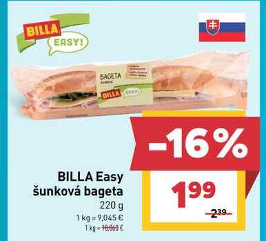 BILLA Easy šunková bageta 220 g