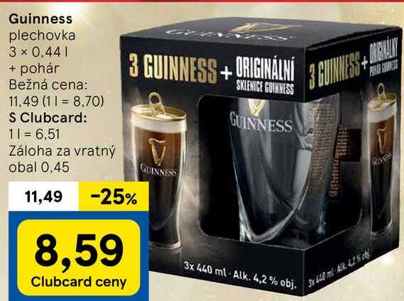 Guinness, 3x 0,44 l + pohár