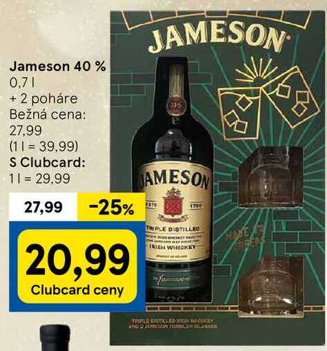 Jameson 40 %, 0,7 l + 2 poháre 