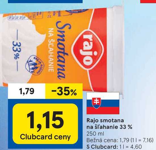 Rajo smotana na šľahanie 33%, 250 ml 