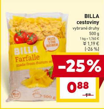 BILLA cestoviny vybrané druhy 500 g 