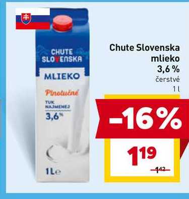 Chute Slovenska mlieko 3,6% čerstvé 1L 