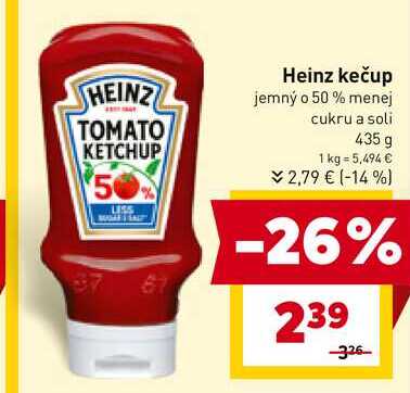 Heinz kečup jemný o 50% menej cukru a soli 435 g 