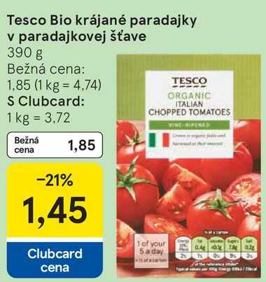 Tesco Bio krájané paradajky v paradajkovej šťave, 390 g