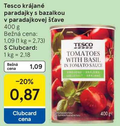 Tesco krájané paradajky s bazalkou v paradajkovej šťave, 400 g 