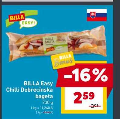 BILLA Easy Chilli Debrecínska bageta 230 g 