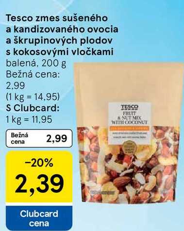 Tesco zmes sušeného a kandizovaného ovocia a škrupinových plodov s kokosovými vločkami, 200 g