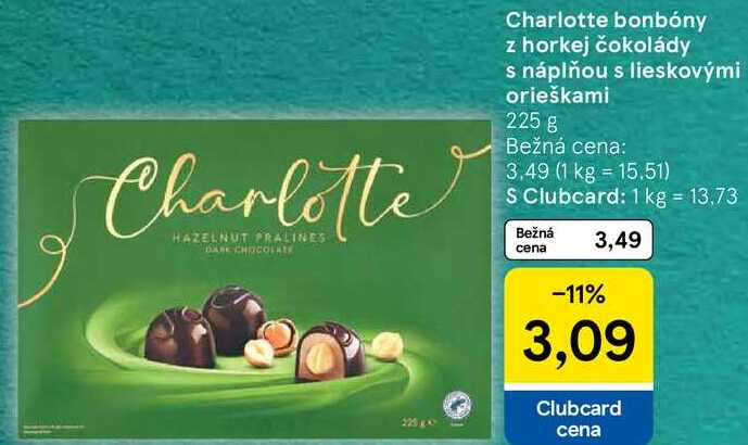 Charlotte bonbóny z horkej čokolády s náplňou s lieskovými orieškami, 225 g 