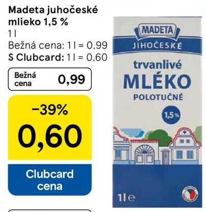 Madeta juhočeské mlieko 1,5 %, 1 l