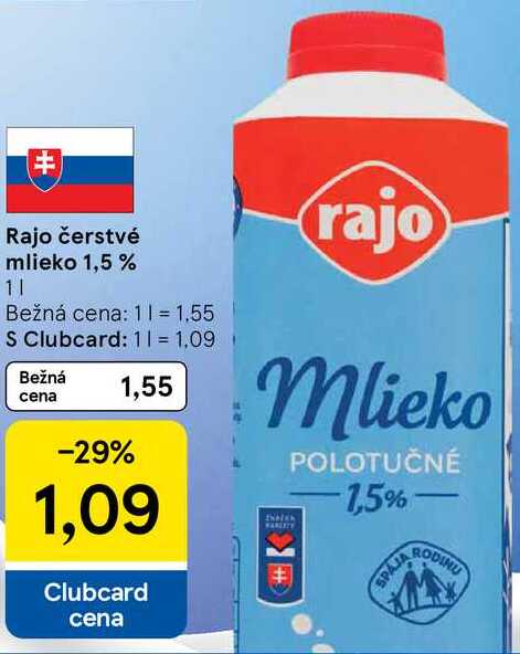 Rajo čerstvé mlieko 1,5 %, 1 l