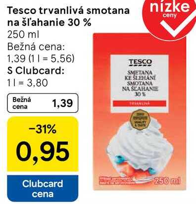 Tesco trvanlivá smotana na šľahanie 30%, 250 ml 
