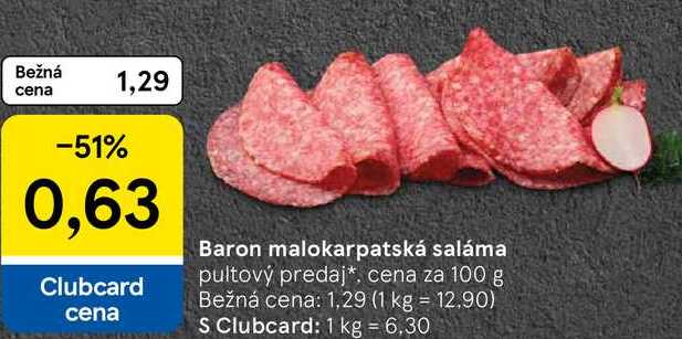 Baron malokarpatská saláma, cena za 100 g 
