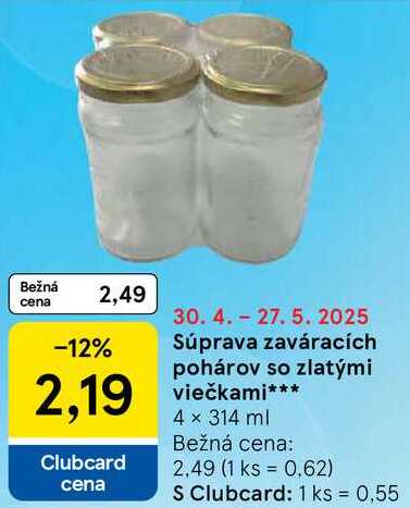 Súprava zaváracích pohárov so zlatými viečkami