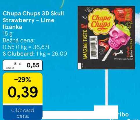 Chupa Chups 3D Skull Strawberry - Lime lízanka, 15 g 