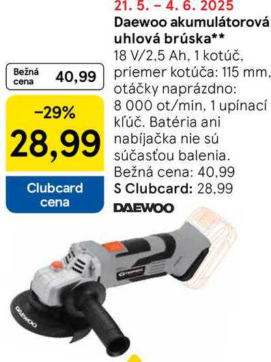 Daewoo akumulátorová uhlová brúska