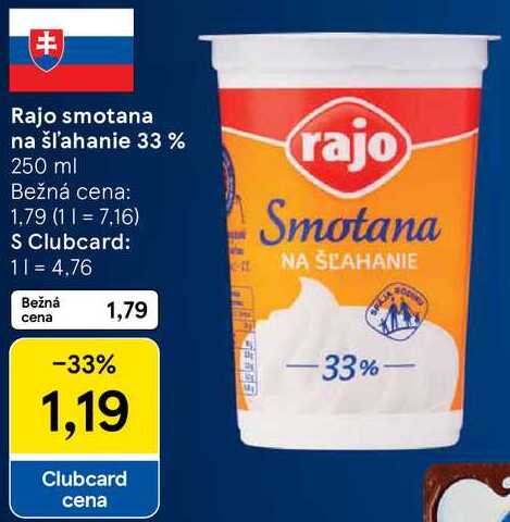Rajo smotana na šľahanie 33%, 250 ml