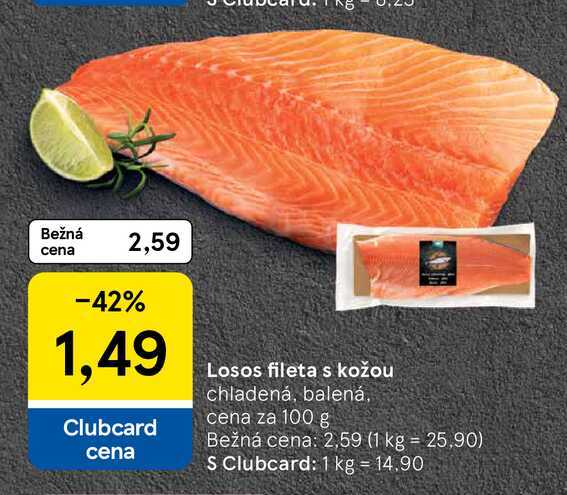Losos fileta s kožou chladená, balená, cena za 100 g